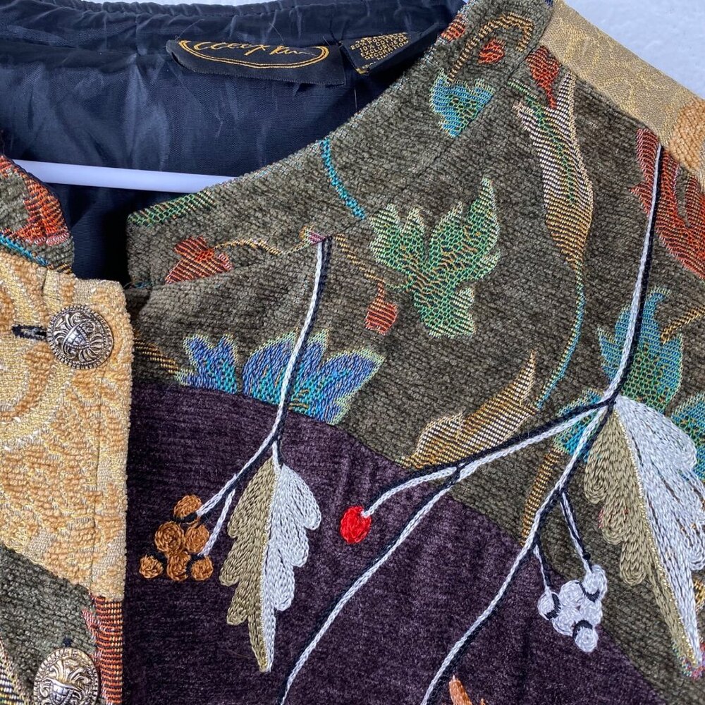 Alex Kim Jacket Tapestry Patchwork Mix Media Leaves Mulitcolor 5X Boho Eclectic - Picture 5 of 15